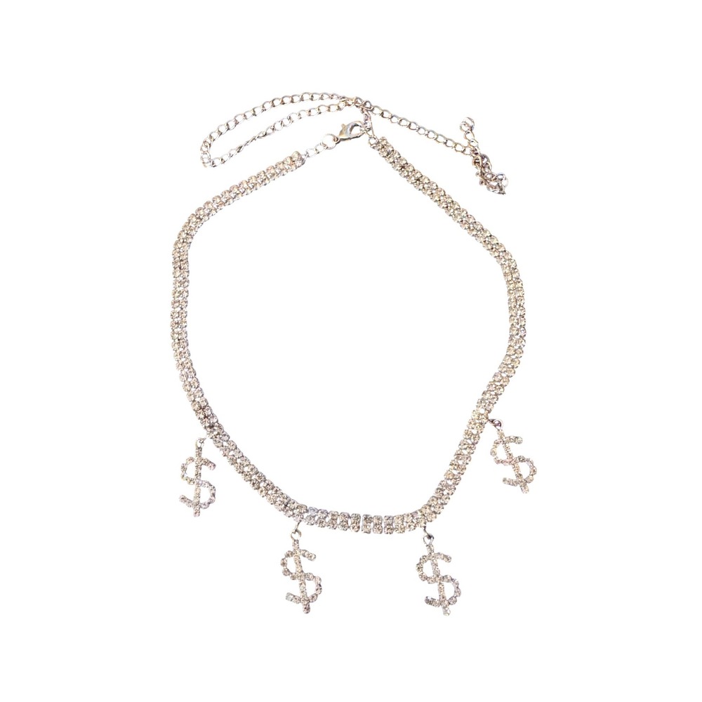 Rhinestone Dollar Sign Choker Necklace Silver Tone Crystal Money Streetwear
